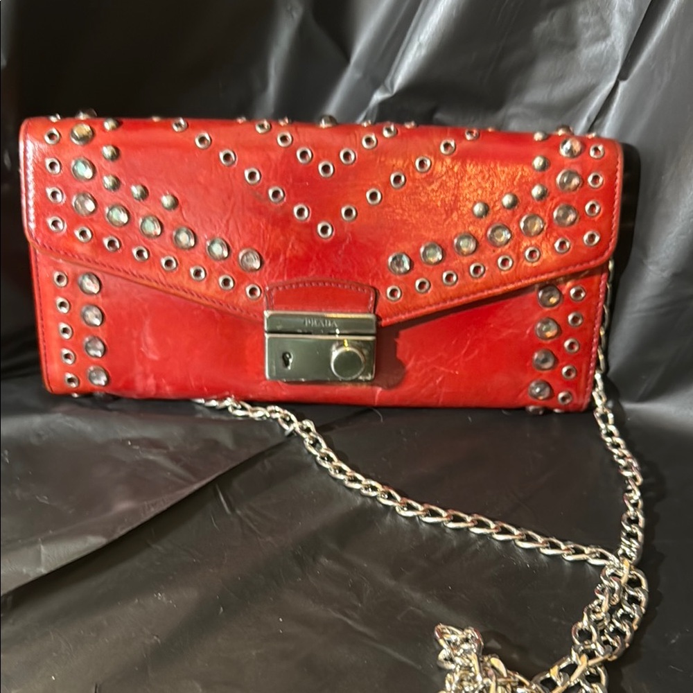 Red Studded Leather Crossbody Clutch